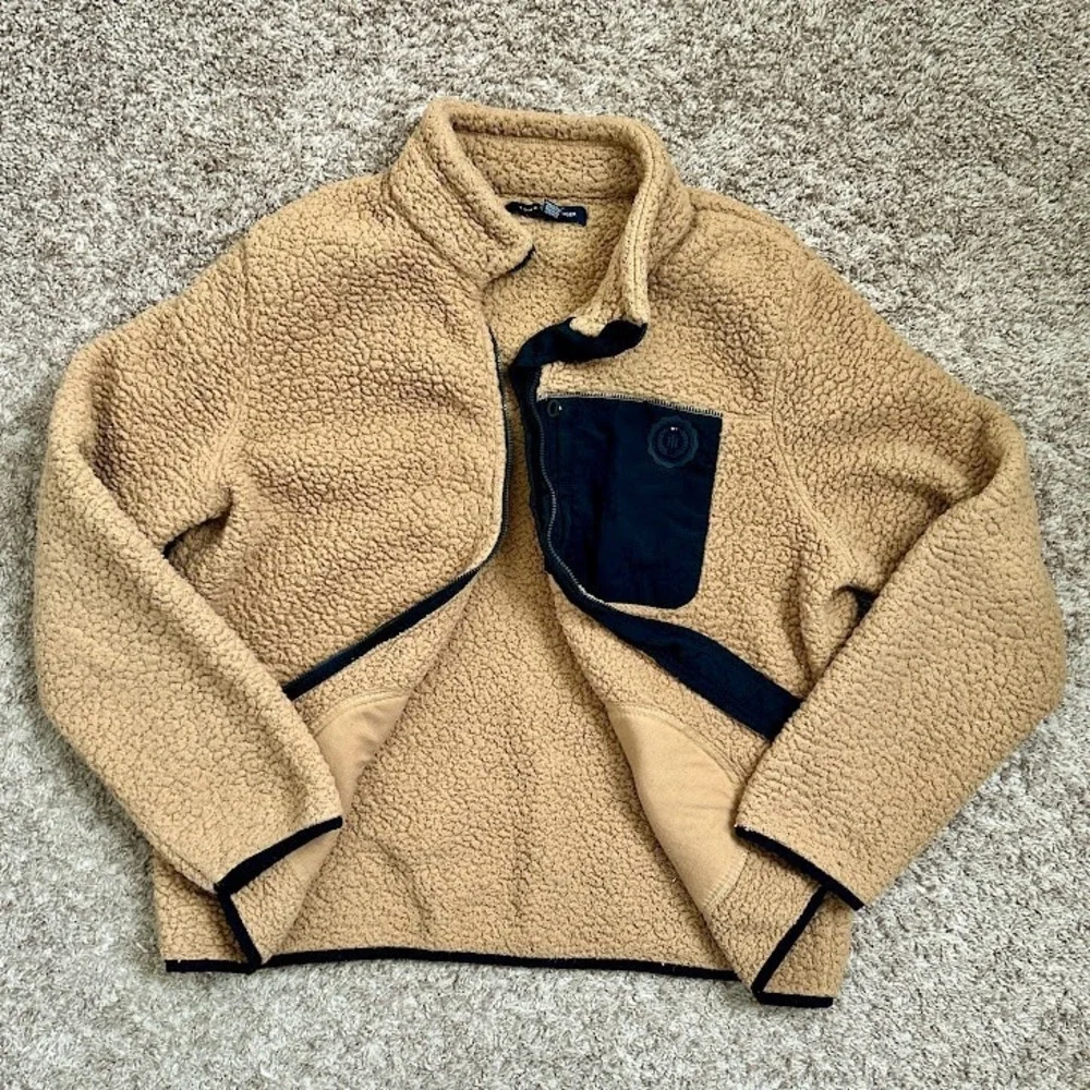 Tommy Hilfiger Sherpa Fleece Jacket‎ I Tan Black Zip Up Casual Outerwear I XL